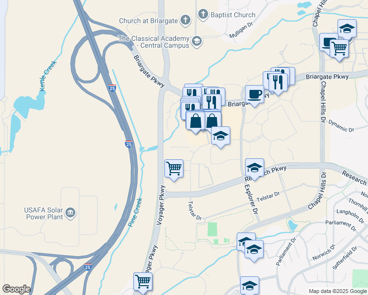 map of restaurants, bars, coffee shops, grocery stores, and more near 1618 Telstar Drive in Colorado Springs