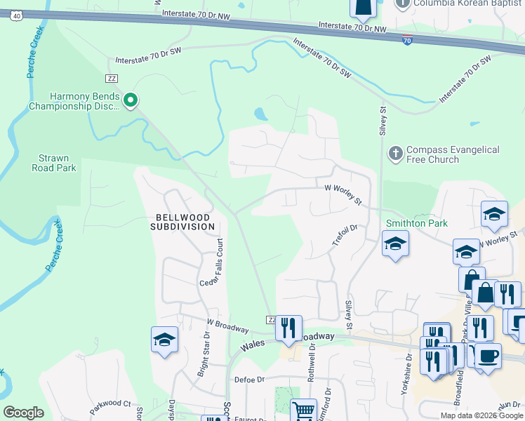 map of restaurants, bars, coffee shops, grocery stores, and more near 4100 West Worley Street in Columbia