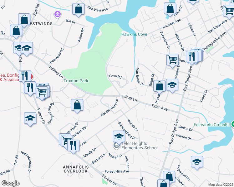 map of restaurants, bars, coffee shops, grocery stores, and more near 399 Hilltop Lane in Annapolis