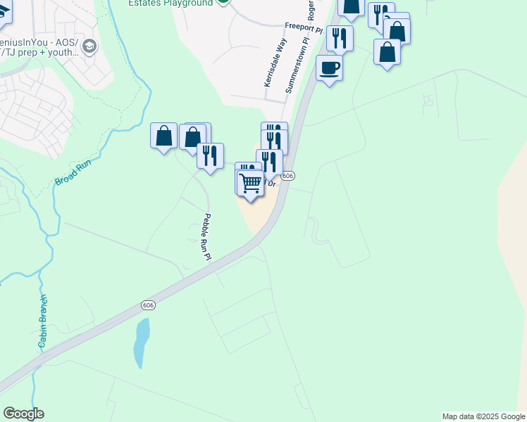 map of restaurants, bars, coffee shops, grocery stores, and more near 23510 Overland Drive in Sterling