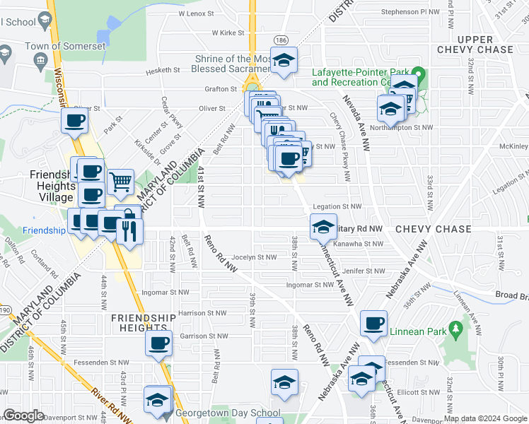 map of restaurants, bars, coffee shops, grocery stores, and more near 3840 Legation Street Northwest in Washington
