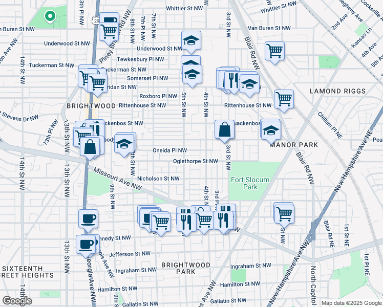 map of restaurants, bars, coffee shops, grocery stores, and more near 424 Oneida Place Northwest in Washington