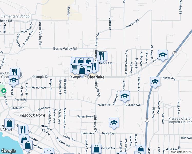 map of restaurants, bars, coffee shops, grocery stores, and more near 14661 Pearl Avenue in Clearlake