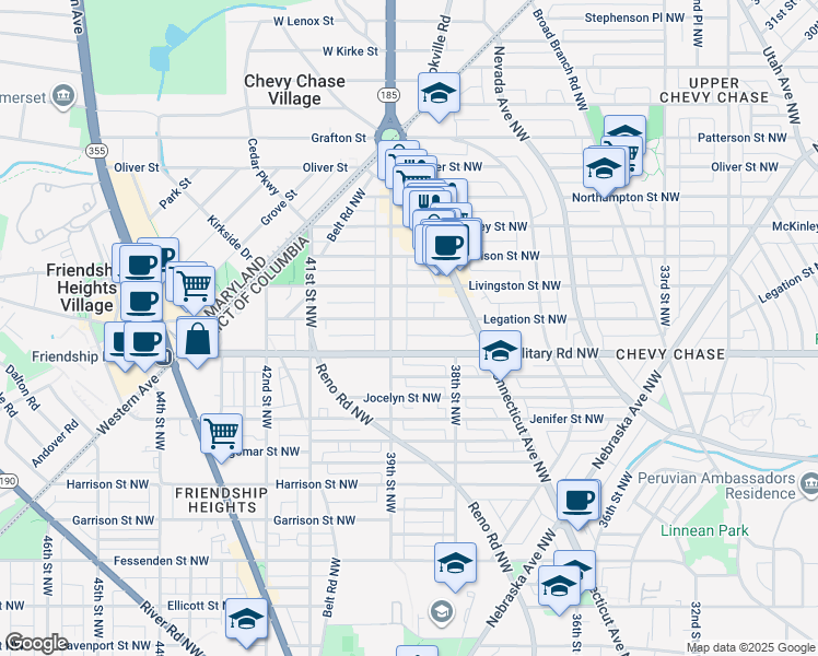 map of restaurants, bars, coffee shops, grocery stores, and more near 3840 Legation Street Northwest in Washington
