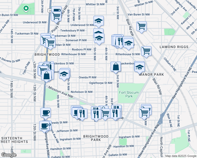 map of restaurants, bars, coffee shops, grocery stores, and more near 424 Oneida Place Northwest in Washington
