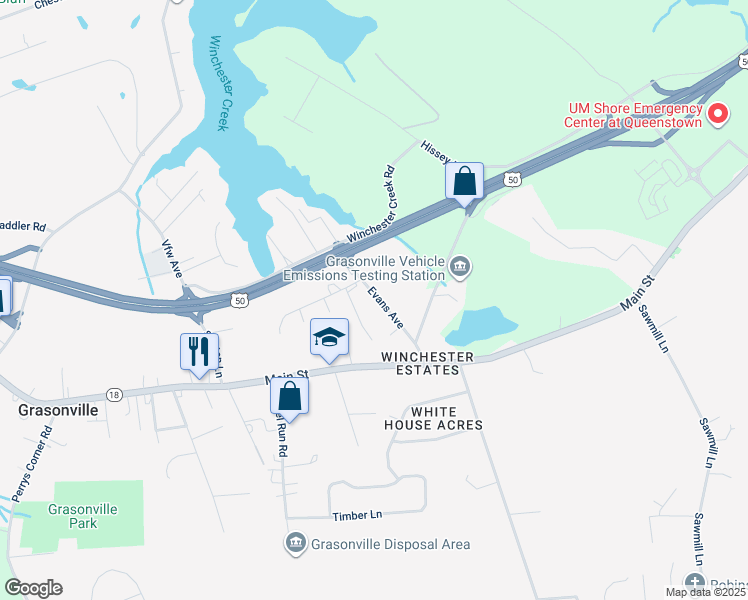 map of restaurants, bars, coffee shops, grocery stores, and more near 229 Evans Avenue in Grasonville