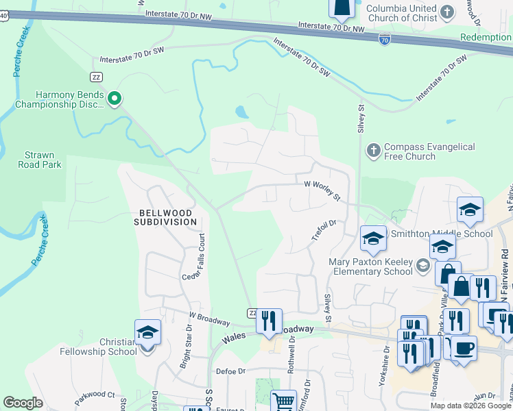 map of restaurants, bars, coffee shops, grocery stores, and more near 4008 West Worley Street in Columbia