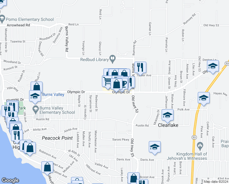 map of restaurants, bars, coffee shops, grocery stores, and more near 14825 Olympic Drive in Clearlake