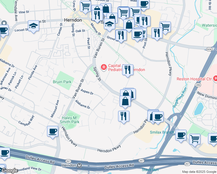 map of restaurants, bars, coffee shops, grocery stores, and more near Spring Street in Herndon