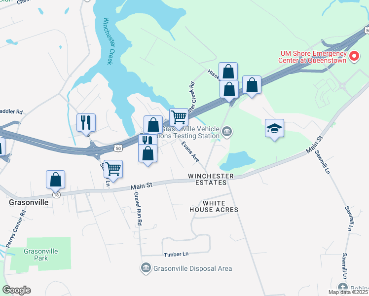 map of restaurants, bars, coffee shops, grocery stores, and more near 229 Evans Avenue in Grasonville