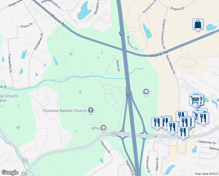map of restaurants, bars, coffee shops, grocery stores, and more near 550 Mount Zion Road in Florence