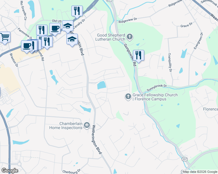 map of restaurants, bars, coffee shops, grocery stores, and more near 1388 Taramore Drive in Florence