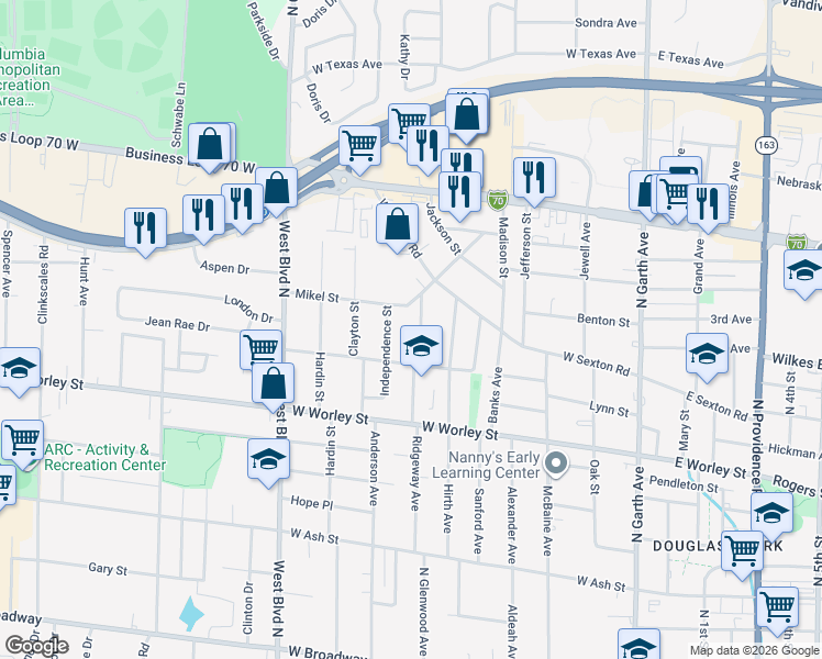 map of restaurants, bars, coffee shops, grocery stores, and more near 710 Mikel Street in Columbia