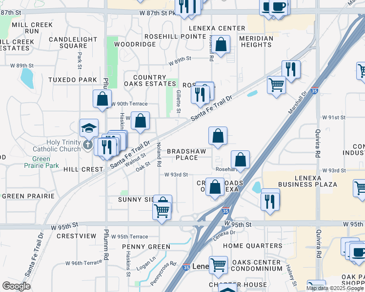 map of restaurants, bars, coffee shops, grocery stores, and more near 9131 Noland Road in Lenexa