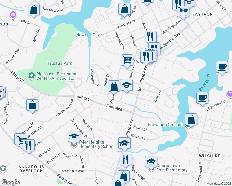 map of restaurants, bars, coffee shops, grocery stores, and more near 1303 President Street in Annapolis