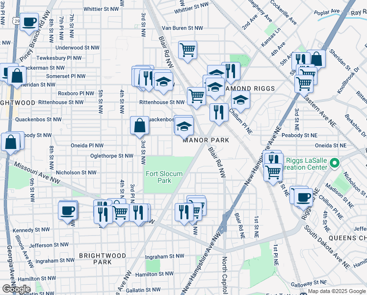 map of restaurants, bars, coffee shops, grocery stores, and more near 100 Peabody Street Northwest in Washington