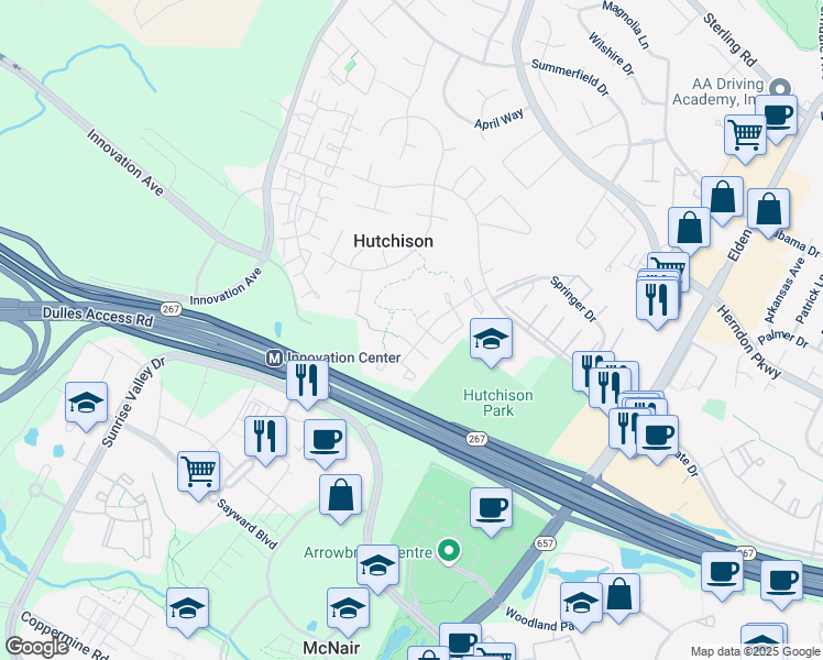 map of restaurants, bars, coffee shops, grocery stores, and more near 13341 Hungerford Place in Herndon