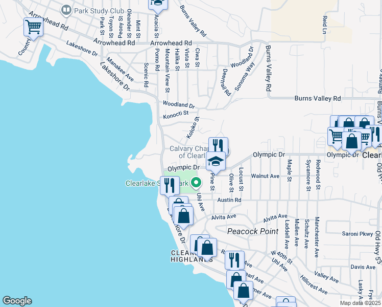 map of restaurants, bars, coffee shops, grocery stores, and more near 14158 Villa Way in Clearlake