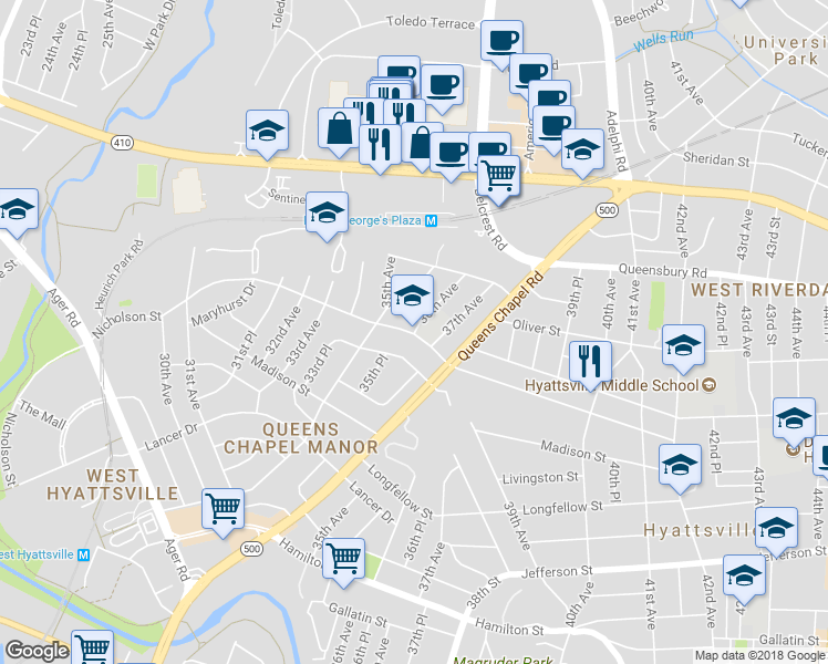 map of restaurants, bars, coffee shops, grocery stores, and more near 6001 36th Avenue in Hyattsville