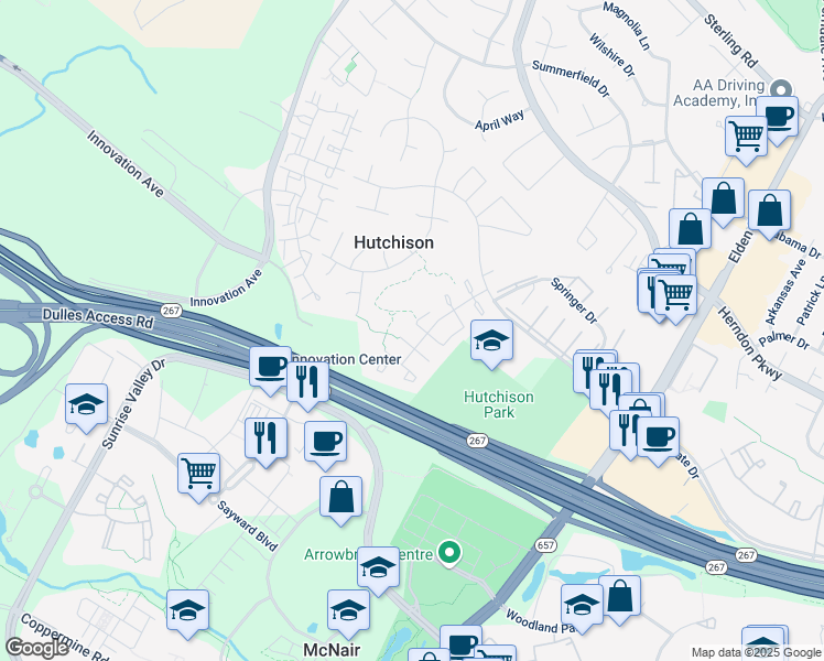 map of restaurants, bars, coffee shops, grocery stores, and more near 13341 Hungerford Place in Herndon
