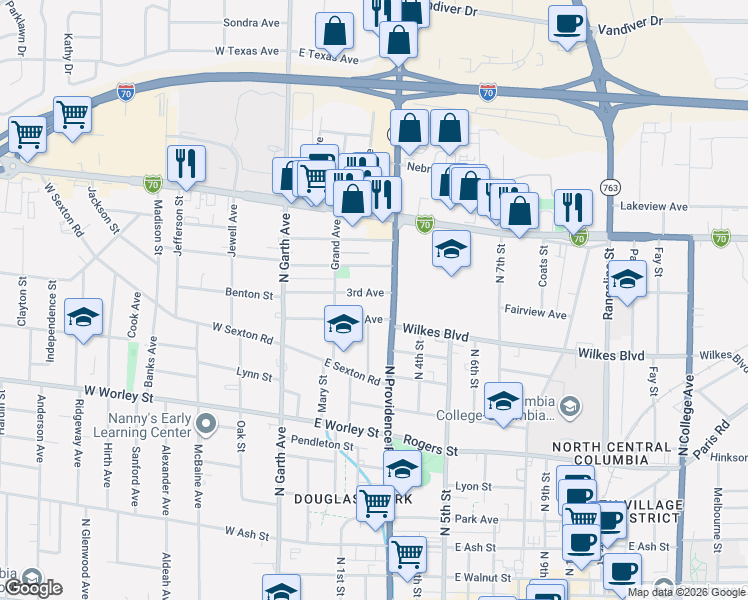 map of restaurants, bars, coffee shops, grocery stores, and more near 109 3rd Avenue in Columbia