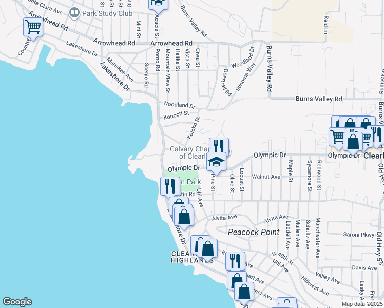 map of restaurants, bars, coffee shops, grocery stores, and more near 14158 Villa Way in Clearlake