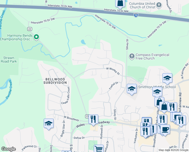 map of restaurants, bars, coffee shops, grocery stores, and more near 4008 West Worley Street in Columbia