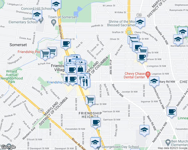 map of restaurants, bars, coffee shops, grocery stores, and more near 5425 Western Avenue in Washington