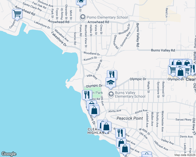 map of restaurants, bars, coffee shops, grocery stores, and more near 14132 Kabal Street in Clearlake