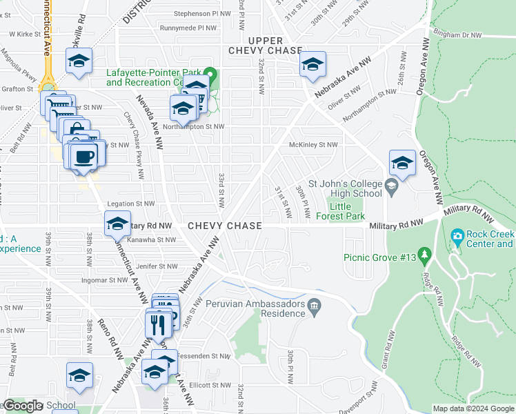 map of restaurants, bars, coffee shops, grocery stores, and more near 5424 32nd Street Northwest in Washington