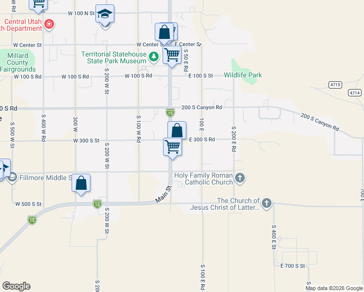 map of restaurants, bars, coffee shops, grocery stores, and more near 30 East 300 North Street in Fillmore