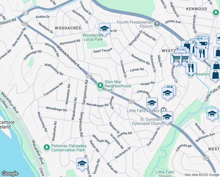 map of restaurants, bars, coffee shops, grocery stores, and more near 5805 Massachusetts Avenue in Bethesda
