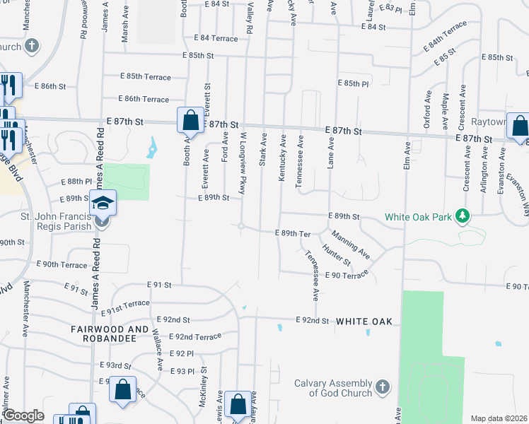map of restaurants, bars, coffee shops, grocery stores, and more near 8901 Stark Avenue in Kansas City