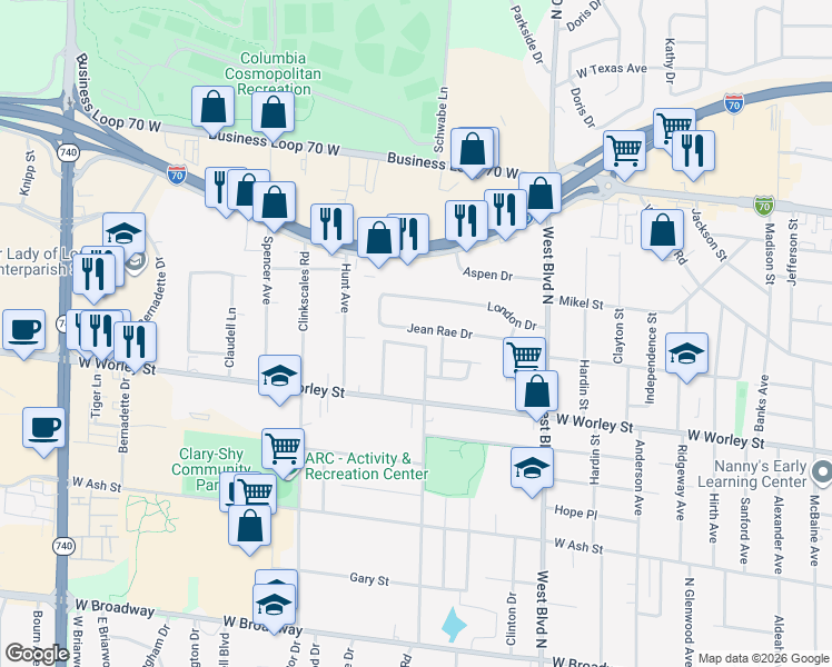 map of restaurants, bars, coffee shops, grocery stores, and more near 1302 Jean Rae Drive in Columbia