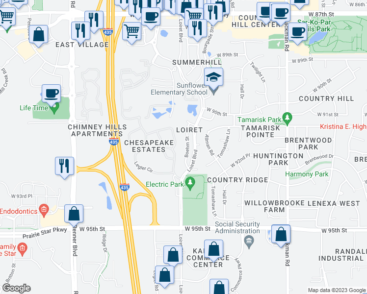map of restaurants, bars, coffee shops, grocery stores, and more near 9154 Boehm Drive in Lenexa