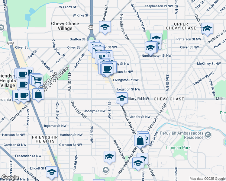 map of restaurants, bars, coffee shops, grocery stores, and more near 5406 Connecticut Avenue Northwest in Washington