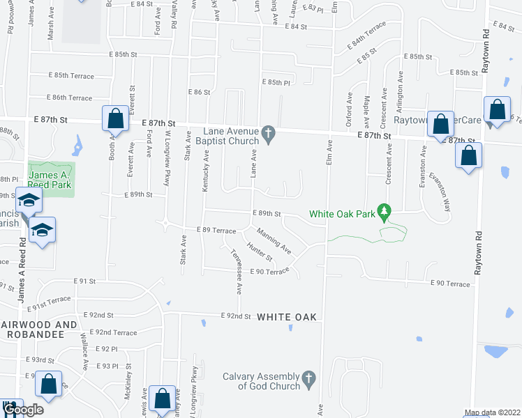 map of restaurants, bars, coffee shops, grocery stores, and more near 9004 East 89th Street in Kansas City