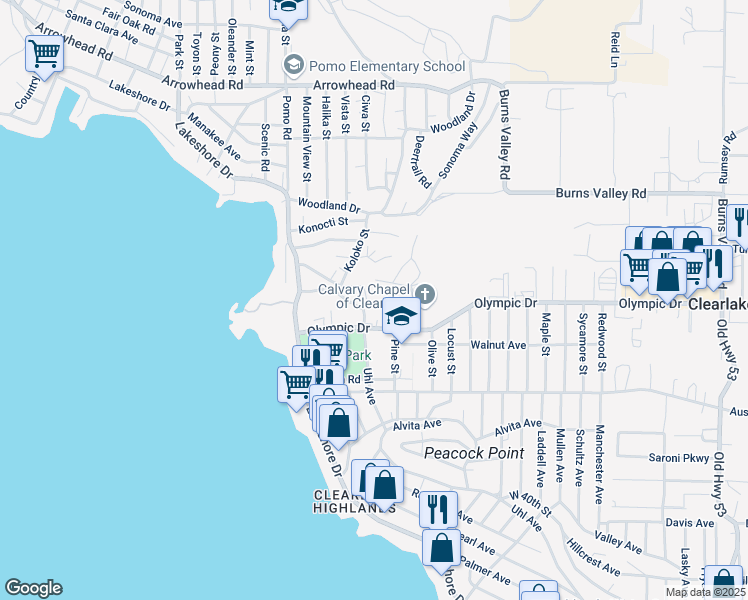 map of restaurants, bars, coffee shops, grocery stores, and more near 14284 Memory Lane in Clearlake