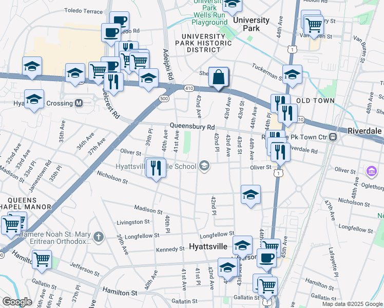 map of restaurants, bars, coffee shops, grocery stores, and more near 6108 42nd Avenue in Hyattsville