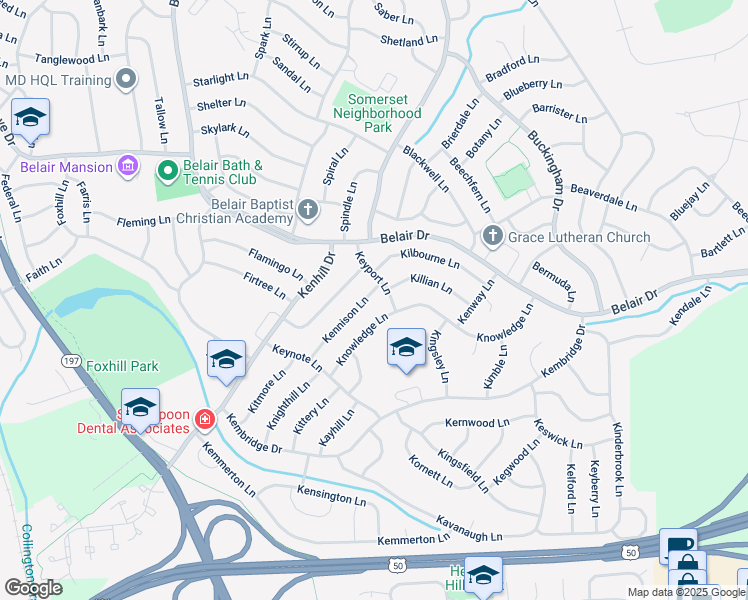 map of restaurants, bars, coffee shops, grocery stores, and more near 2627 Kennison Lane in Bowie