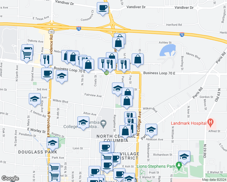 map of restaurants, bars, coffee shops, grocery stores, and more near 1011 Rangeline Street in Columbia