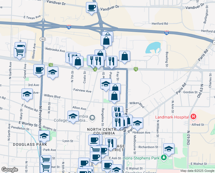 map of restaurants, bars, coffee shops, grocery stores, and more near 1010 Rangeline Street in Columbia