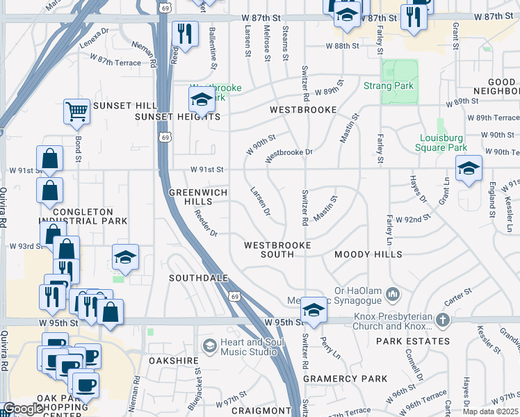 map of restaurants, bars, coffee shops, grocery stores, and more near 10616 West 92nd Place in Overland Park