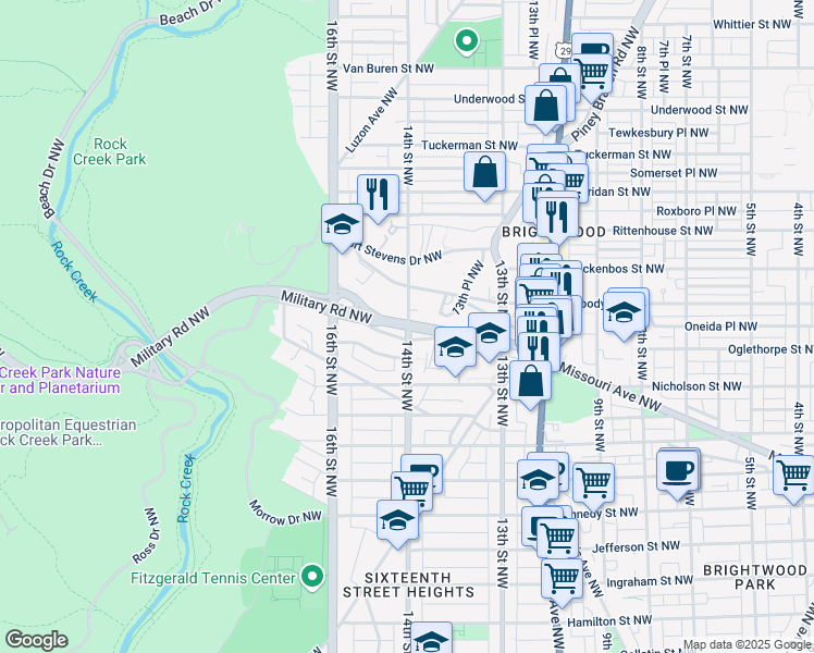 map of restaurants, bars, coffee shops, grocery stores, and more near 14th St NW & Military Rd NW in Washington