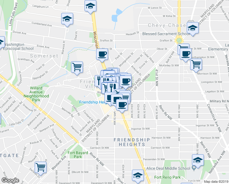 map of restaurants, bars, coffee shops, grocery stores, and more near Wisconsin Ave NW & Willard Ave in Bethesda
