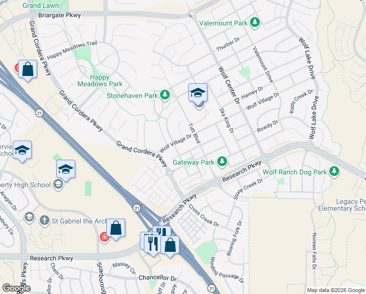 map of restaurants, bars, coffee shops, grocery stores, and more near 9108 Jasper Falls Place in Colorado Springs