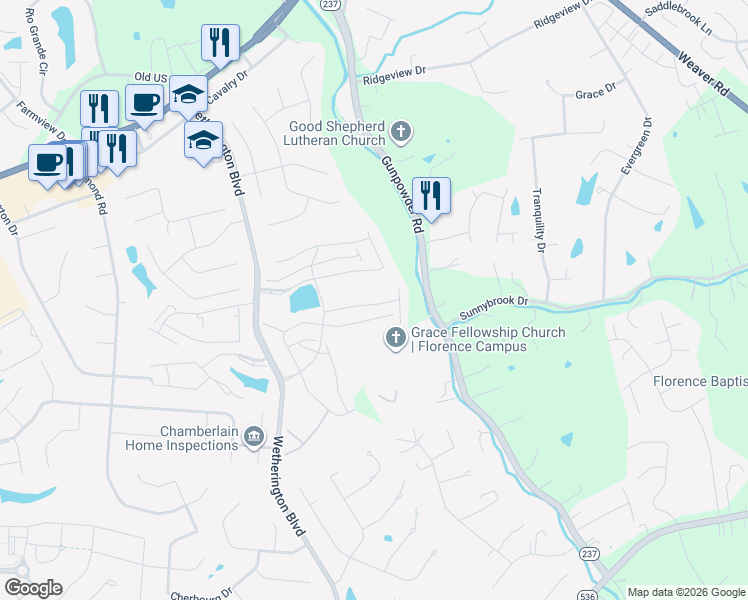 map of restaurants, bars, coffee shops, grocery stores, and more near 1426 Taramore Drive in Florence
