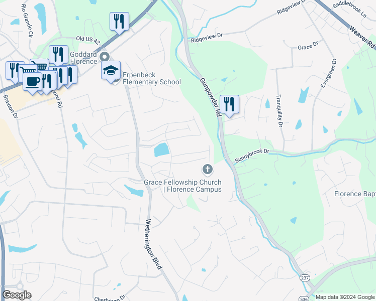 map of restaurants, bars, coffee shops, grocery stores, and more near 1426 Taramore Drive in Florence