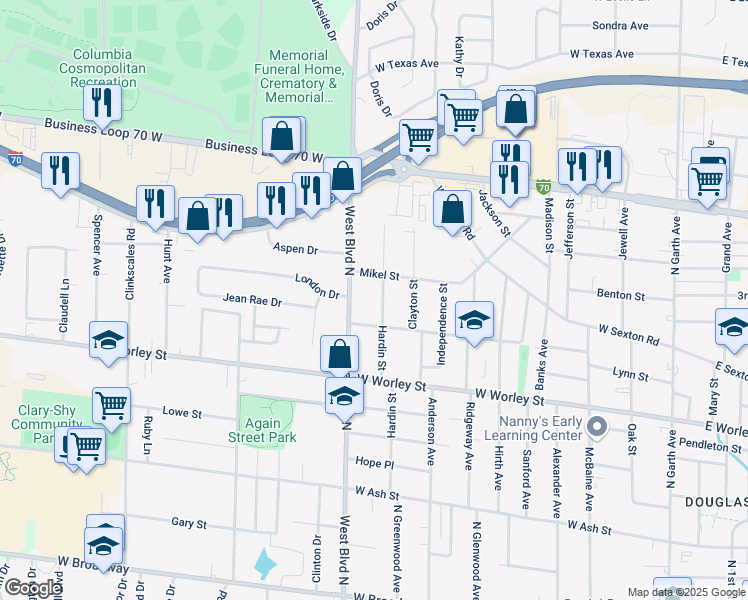 map of restaurants, bars, coffee shops, grocery stores, and more near 804 West Blvd N in Columbia