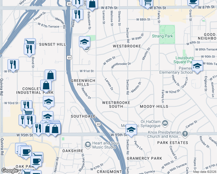 map of restaurants, bars, coffee shops, grocery stores, and more near 10616 West 92nd Place in Overland Park